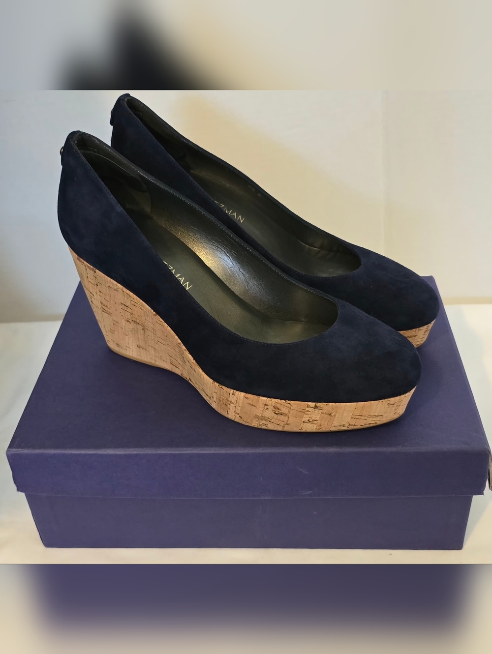 *NEW Stuart Weitzman Navy Suede Cork Wedge Pumps 8 1/2 - Picture 11 of 15